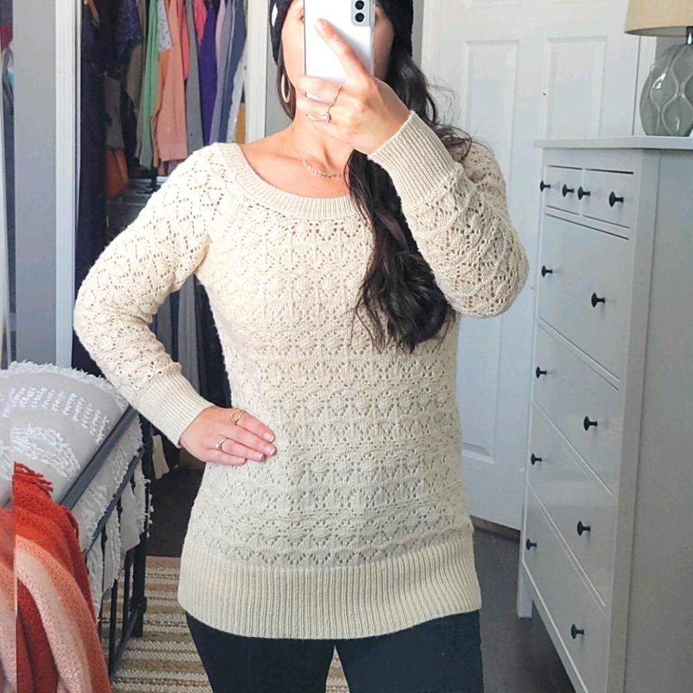 American Eagle Beige Metallic Pointelle Sweater S